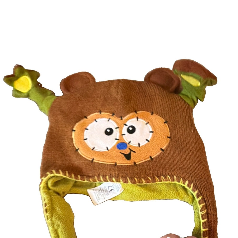 Flipeez Monkey Trapper Hat Ear Flap Pom Pom Brown Green Blue One Size - Picture 2 of 11